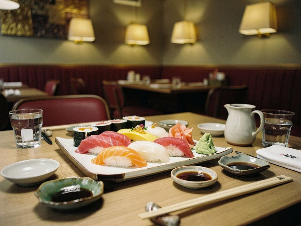 Tavola giapponese con nigiri, sashimi e ciotole in ceramica