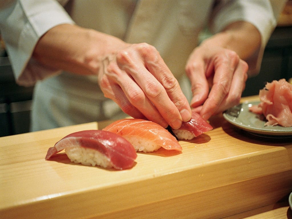 Mani dello chef mentre prepara nigiri freschi